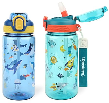 wooshwa Kids Water Bottle for School or Travel, 20 Oz 2 Pack Durable Plastic Water Bottle with Silicone Straw and Pop-Up Spout Cover, BPA Free & Dishwasher Safe(Rocket & Ocean Animals)
