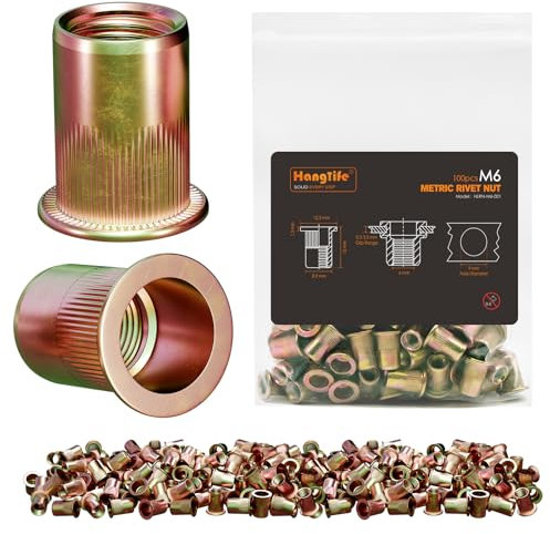 HANGLIFE Tuercas Remachables, M6 Metric Remaches Roscados (100 Piezas) - Inserciones con Cabeza Plana, Galvanizadas, de Acero al Carbono con Cuerpo Estriado, Tuercas Roscas