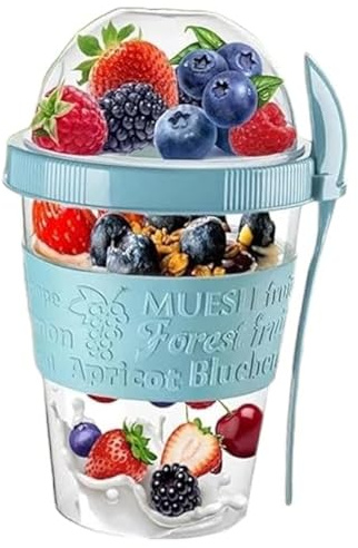Pro Home Yogurt Pot With Spoon 20oz/600ml Bpa Free Reusable Airtight Dishwasher Safe On The Go Yoghurt Pots With Lids Museli Cereal Cup Containers Overnight Oats Jar Storage (Marble Blue)