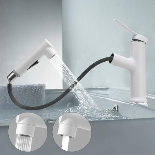VirtuGro Robinet Salle de Bain avec Douchette Extractible Mitigeur Lavabo a 3 Modalità de Pulvérisation Cartouche Monocommande Miscelatore Eau Chaude et Froide en Céramique Blanc