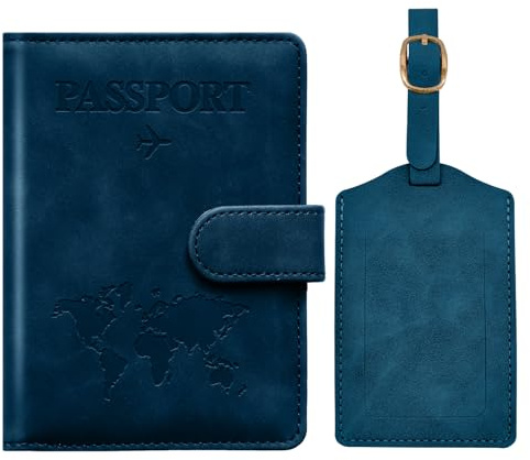 Toctax Protege Passeport Francais et Etiquette Valise, Protège Passeport avec Bloqueur RFID, Protège-passeports pour Hommes et Femmes, Passport Cover pour Travel Essentials, Passport Holder (Bleu)