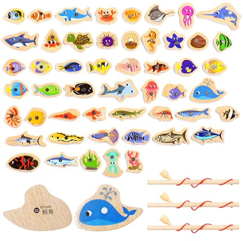 Sxutop 54 Piezas Juego Pesca Magnetico de Madera Juego de Pesca para Niños Juguete de Madera Montessori Juguete Educativo de Pescar Magnético con 51 Peces y 3 Cañas de Pescar como Regalo para Niños