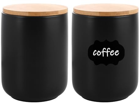 AHAQU 2PCS Food Storage Jar, 10.3x14.5cm Tea Coffee Sugar Jars Black with Airtight Bamboo Lids, Ceramic Kitchen Canister Sets for Bean, Nuts, Spice, Tea Coffee and Sugar