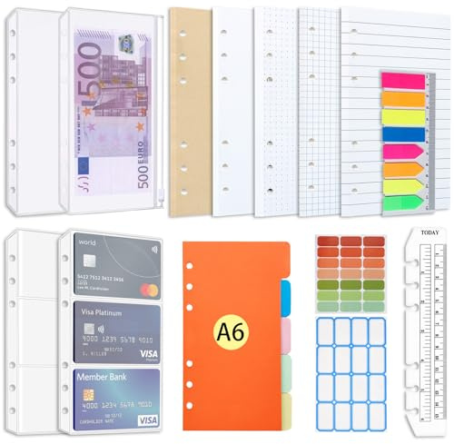 Juego de recambios de papel AQTAQ A6, 6 hojas, notas adhesivas recargables A6, 100 hojas/200 páginas, separadores de colores, para carpetas de 6 anillas, diarios y cuadernos