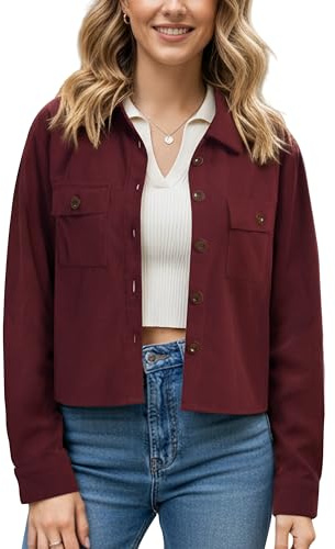 Enmain Blouson Femme Rouge Manches Longues Veste Courte Chic Élégante Chemise Mi-Saison en Velours Côtelé avec Double Poche Poitrine,M