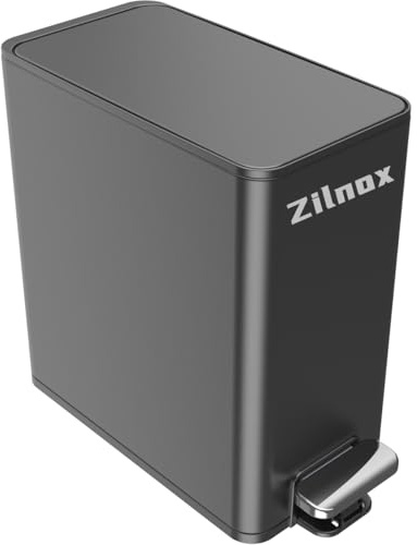 Zilnox Badsoptunna 6L, rektangulär sophink med lock rostfritt stål, smal papperskorg med inre hink avfallsbehållare för badrum, sovrum, studierum (grå)