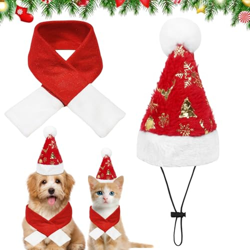 Lot de 2 costumes de Noël pour chien - Bonnet de Noël - Écharpe pour chien - Bonnet de Père Noël pour chien - Bonnet de Noël pour animaux de compagnie - Rouge