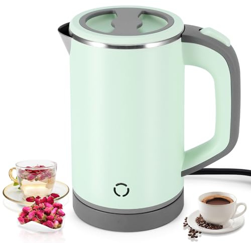 800ML Premium Travel Kettle,600W Fast Boil Low Wattage Kettle, Mini Kettles Lightweight Small,Double insulation, Upgrade quality, Small Kettles for Bedroom Caravan, Motorhome Office (Green)