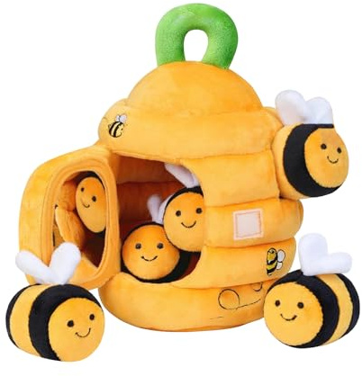 Fun Beehive with Stuffed Sensory Bees, Rattle, Crinkle, Mirror, Montessori Toys for Babies Toddlers 1-3, Infant Toy Baby Shower Birthday(Fruit and Vegetable Cottage, Farm Cottage, Farmhouse)