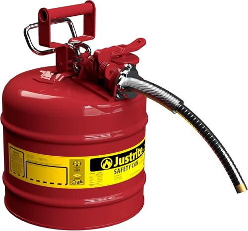 Justrite 2 Gallon Type II Red Safety Gas Can for Gasoline with Flame Arrester, Self-Closing Lid, and 5/8 Flexible Metal Spout, Made in the USA, Galvanized Steel Flammable Storage Can, 7220120