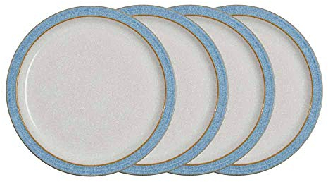 Denby - Elements Medium Blue Plates Set of 4 - Dishwasher Microwave Safe Crockery 22cm - Blue, White Ceramic Stoneware Tableware - Chip & Crack Resistant Lunch Plates