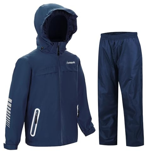 SWISSWELL Kids Rain Gear Boys Girls Youth Waterproof Rain Suit Breathable Reflective Raincoat and Pants Navy 12-14 Years