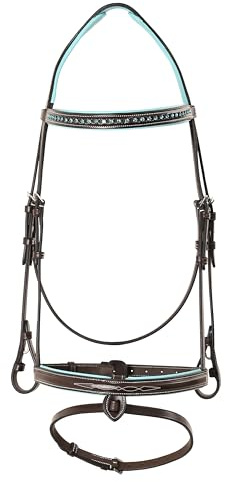 Exion Bling Horse Bridle with Blue Crystal Browband & Designer Flash Noseband | Broad Anatomical Crown with Baby Blue Padding | English Jumping Bridle with Rubber Reins
