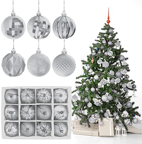Yisscen 12 Boule de Noel pour Decoration Noel Sapin, Boule de Sapin, Boules de NoëL en Plastique, Anti-Chute, ø 6cm Decoration Noel Boule Argent