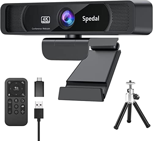 Spedal 4K Webcam - 8 MP Ultra HD mit 4× Digitalzoom & 120° Weitwinkel, Dual Noise-Cancelling-Mikrofone, Fernbedienung & Stativ, Plug & Play (USB-A/C) für Zoom, Skype, Teams & Streaming