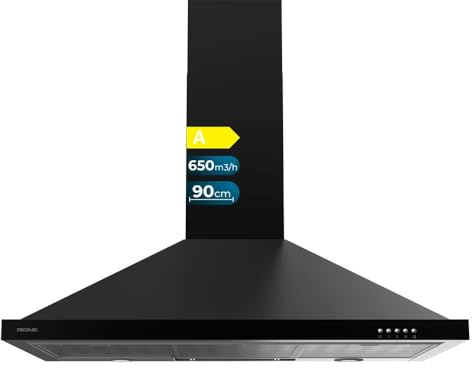 Cecotec Hotte aspirante 90 cm Pyramidale Bolero Flux PM 906500 Black A. Moteur 165 W, Finition noire, Aspiration 650 m3/h, Commande mécanique, 3 niveaux de puissance, Lumière et Filtre à charbon