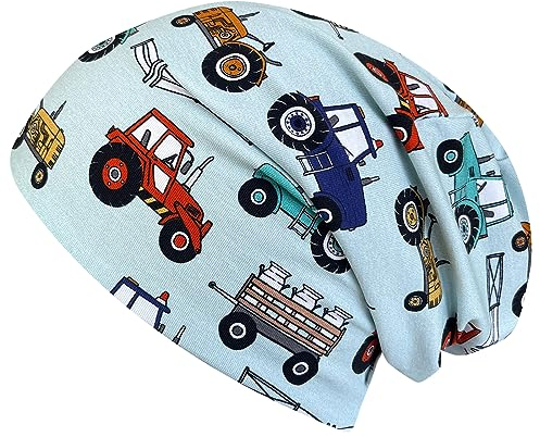 Ullkyckling ekologiskt pojkar/flickor/barn bekväm mjuk lång mössa/mössa/beanie-mössa/stickad mössa/barnmössa, jerseyfodrad övergångsperioder (ekologiskt tyger/bio) .., Traktor ljusblå/mint, 52-54