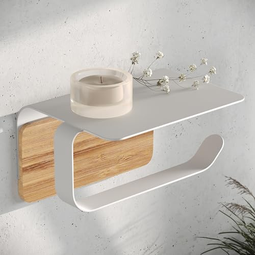 KAZAI.® Design Toilettenpapierhalter 'Leif' - Mit Ablage | Ohne Bohren (Selbstklebend) | Aus Edelstahl und Echtholz-Bambus | WC-Halter/Rollenhalter für Badzimmer | Weiß Matt