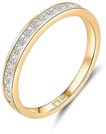 Anillo de mujer en plata de ley, cubierto por una línea de circonitas blancas. Anillo plata mujer con acabado plateado o dorado. Joyería ideal para parejas, regalo para madres. (Baño en oro, 4)