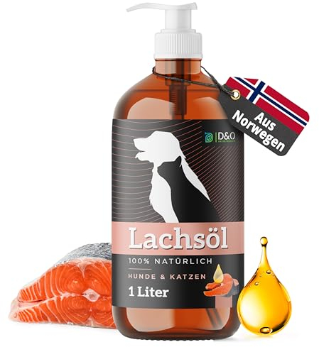 D&O Nature Products Lachsöl Hunde 1L in praktischer Flasche mit Pumpspender, Fellpflege Katze mit Omega 3 & 6, norwegisches Lachs Öl 100% natürlich, Fischöl für Hunde, Salmon Oil for Dogs Fish Oil
