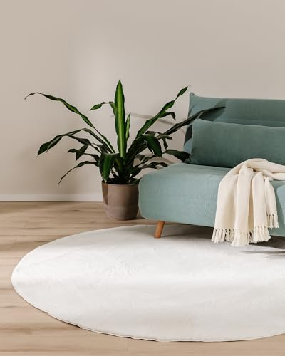benuta Basic Kunstfaser Fellteppich Furry - Creme Rund 200 cm - Weicher Wohnzimmerteppich - Anti-Rutsch-Rückseite - Waschbar - Für Fußbodenheizung geeignet