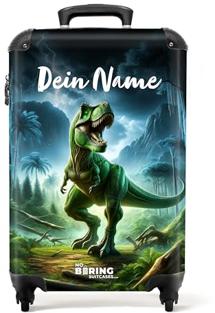NoBoringSuitcases.com Kinderkoffer, Reisekoffer Personalisiert, Kinderkoffer Jungen, Koffer Kinder, Kinder Reisekoffer, Koffer Kinder Jungen, Kindertrolley, Handgepäck 55x40x20 cm (Dinosaurier - Grün)