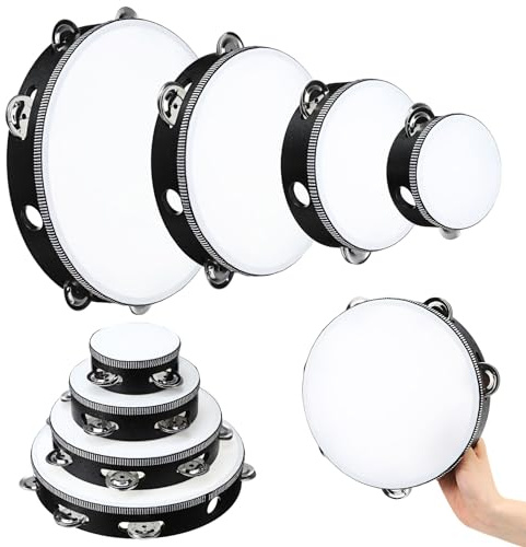 Reginary 8 Pcs Tambourine for Adults Handheld Wood Tambourine 4 Size Single Row Metal Jingles Musical Educational Gift Rhythm Percussion Instrument for Church Party Ktv(Black)