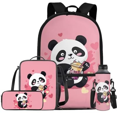Bivxisrvo Cute Panda Backpacks for Teen Girls Middle School Lightweight School Messenger Bag for Teens Keep Warm Lunch Bag with Pencil Case and Water Cup Protector for Travel Picnic