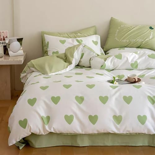 Michorinee Housse de Couette Cœur 200x200 Vert avec 2 Taies d'oreiller 65x65 cm - Parure de Lit Vert et Blanc en Microfibre - Linge de Lit 2 Personnes Adulte avec Fermeture Éclair