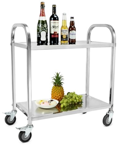 QWORK® 2-Etagen Edelstahl Servierwagen Teewagen Reinigungswagen - 75 x 40 x 83,5 cm - Leise Räder mit Bremsen