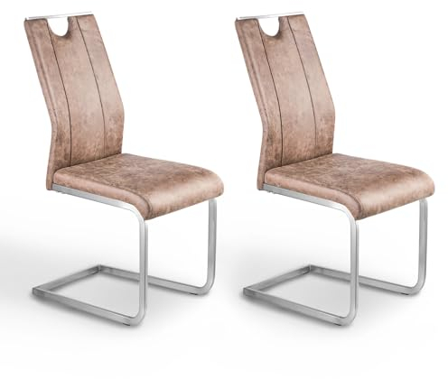 HeYork 2er Set Freischwinger Schwingstuhl - Braun, Metallgestell, Esszimmerstuhl, Küchenstuhl, Belastbarkeit 120kg