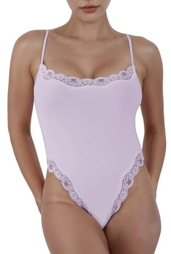 ABOCIW Body da donna in pizzo, scollo quadrato, senza maniche, con spalline sottili, canotte di base, Viola chiaro, Small