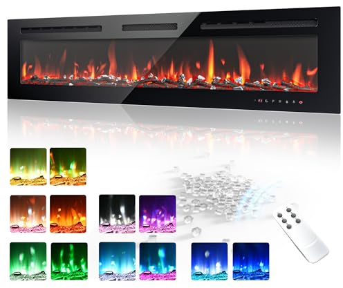 EUHOMY 60 Inch Electric Fireplace Wall Recessed and Wall Mounted with Adjustable Flame Color, Fireplace Heater with Remote Control, Linear Fireplace with Timer, Touch Screen, Log & Crystal, 750/1500W