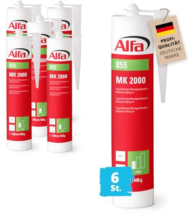6x Alfa Montagekleber MK 2000 extra stark 440 g weißer Montagekleber mit hoher Anfangshaftung zur Befestigung von Sockelleisten