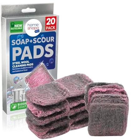 Homeshopa Soap Filled Scourer Pads, 20 Pack Stain and Grease Cutting Scouring Scrubber Pads, Durable and Long Lasting, Steel Wool Cleaning Scrub for Hob Oven Kitchen Sink