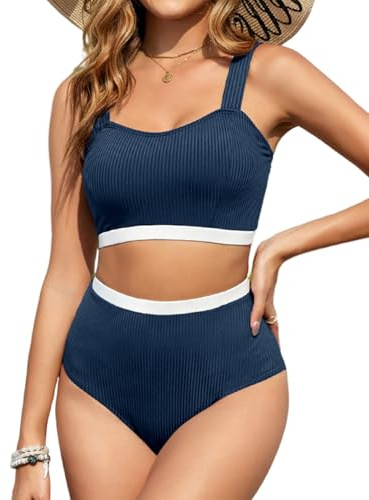 Vancavoo Maillot de Bain Femme 2 Pieces Push Up Sport Bikini Deux Pièces Taille Haute Couleurs Unies Fileté Swimwear De Plage Beachwear Été