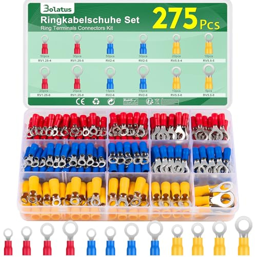 Bolatus Lot de 275 cosses de câble à anneau 0,5-6 mm² - Lot de cosses de câble M4/M5/M6/M8 - 12 tailles - Connecteurs à sertir partiellement isolés - Pour garage, pièces de voiture