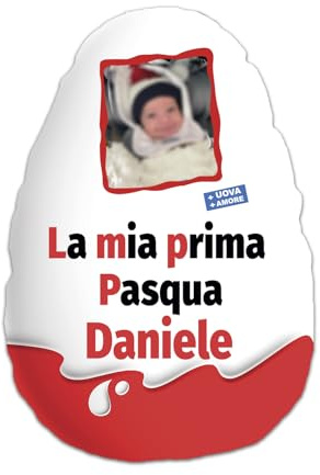 MOCHEIA SHOP Cuscino Personalizzato A Forma di Uovo Pasqua Sorpresa Ovetto Personalizzabile con Foto e Nome - Misura circa 33x22 cm - in ottimo Poliestere.