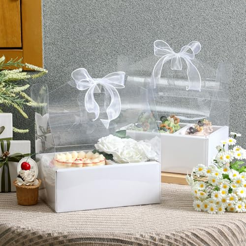 Honeydak 10 Pcs Mother's Day Cake and Flower Clear Boxes with Handle Ribbon Cajas Para Arreglos Florales Portable Transparent Gift Packaging for Wedding Birthday Party Supplies(Regular,4 Inch,White)