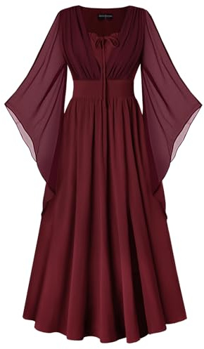 SCARLET DARKNESS Women's Renaissance Dress Lace-up 3/4 Bell Sleeves Slit Front Dress Smocked Medieval Maxi Dresses Wine S