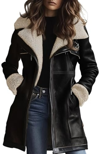 Generisch Chaqueta de invierno para mujer, de ante sintético, forrada con cuello de solapa, doble botonadura, de forro polar, de piel, cálida, para mujer, Negro , XXL