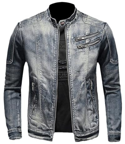 Générique Veste en jean vintage pour homme avec veste en jean zippée, manteau slim coton, de moto classique de cow boy, camionneur Homme Baseball