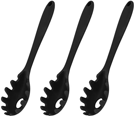 Akozon 3-teiliges Silikon-Spaghettilöffel-Set – Hitzebeständige Utensilien in Lebensmittelqualität für Nudeln, Nudelgabeln und Kochbedarf in der Küche (BLACK)