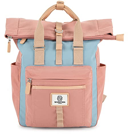 SEVENTEEN LONDON – 12L Laptop-Rucksack für Damen 15 Zoll Mädchen Jungen Schulrucksack Wasserabweisendes Nylon Roll Top Rucksack in Rosa & Hellblau für Universität/Reisen/Herren – 'Canary Wharf'