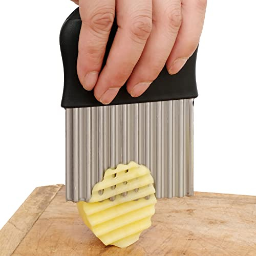 HTBMALL Crinkle Cutter, Wavy Chopper Knife, Upgraded Stainless Steel Crinkle Blade, Safe Kitchen Tools with a shell Wavy Slicer for Fruit, Vegetable, Salad, Carrot, Potato, Fries(Black)