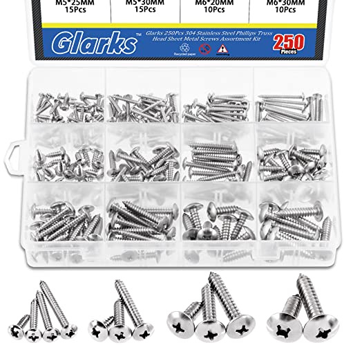 Glarks 250Pcs M3 M4 M5 M6 Metric 304 Stainless Steel Phillips Truss Head Sheet Metal Tek Screws Assortment Kit, 12 Sizes 12-30mm Pan Head Self Tapping Wood Screws Set