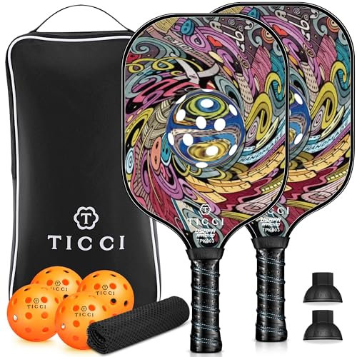 TICCI Pickleball Paddel, USAPA Approved Premium Graphit Pickleball Set von 2 Schlägern mit 4 Bällen & 2 Ball Retriever, Tragbare Tragetasche für Anfänger und Profispieler (Vortex 3)
