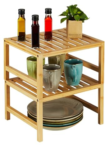 Relaxdays Cupboard Insert, 2x Set, Bamboo, HxWxD: 20 x 35.5 x 30.5 cm, Shelf Rack for Worktop & Kitchen Cabinet, Natural