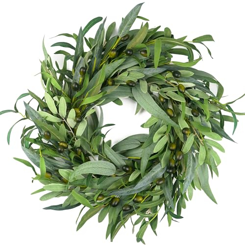 Olive Wreath for Front Door 22 inch, Greenery All Season Wreath with Olive Leaf Fruit, Home Decoration for Outdoor Living Room Indoor Wall and Outside Summer All Season Wedding