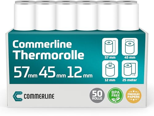 Commerline Rollos de papel térmico | 57 mm x 45 mm x 12 mm, 25 metros, 50 rollos | Ec rollos, rollo de papel térmico, rollos de caja registradora